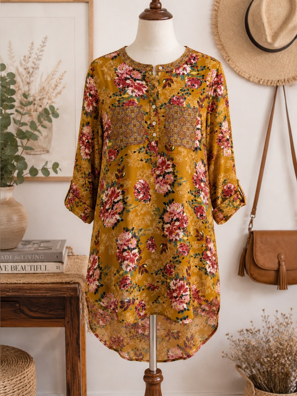 Fig and Flower Mustard Floral Boho Tunic Blouse Medium High Low Dress